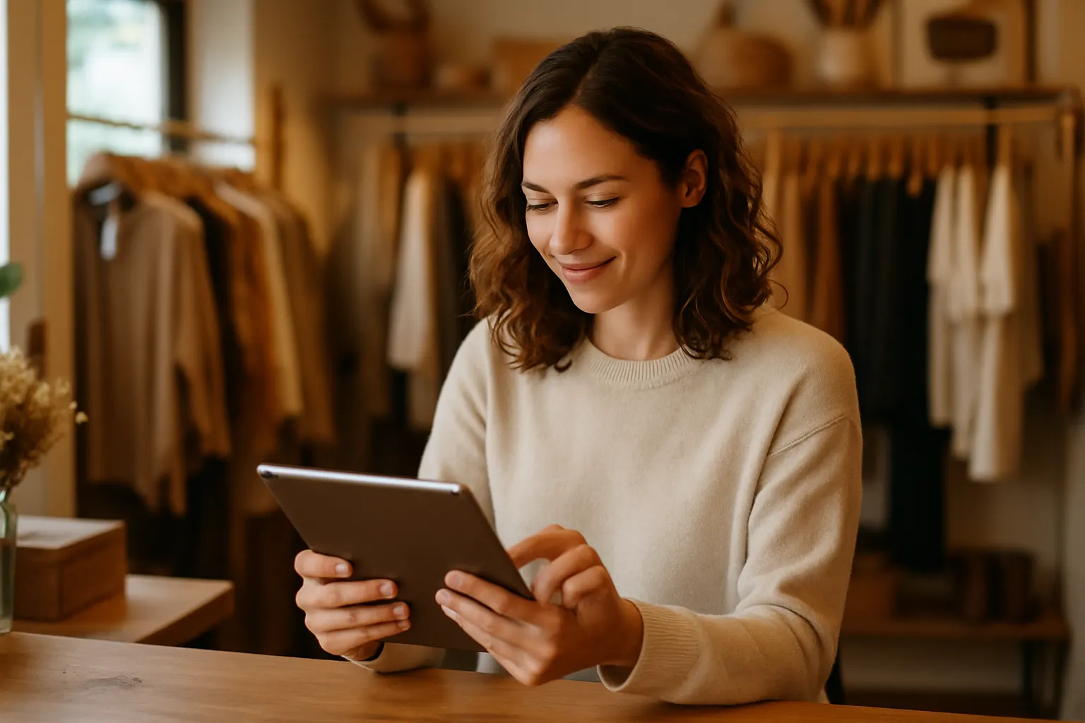 Small business owner reviewing AI-generated content on a laptop at a bright, modern desk